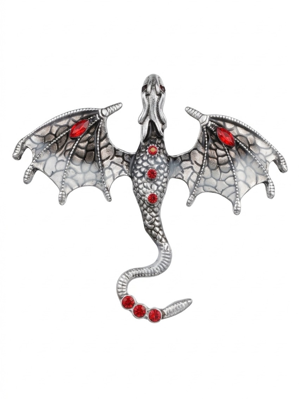 Silver Dragon Wing Brooch with Red Crystal Accents